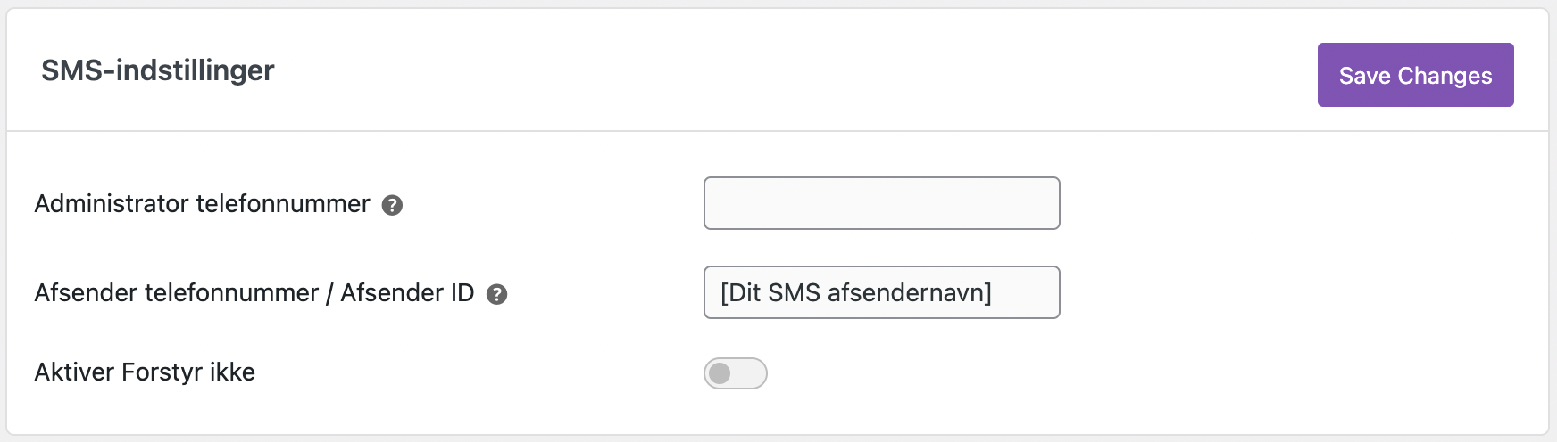 SMS for WooCommerce vælg SMS afsendenavn