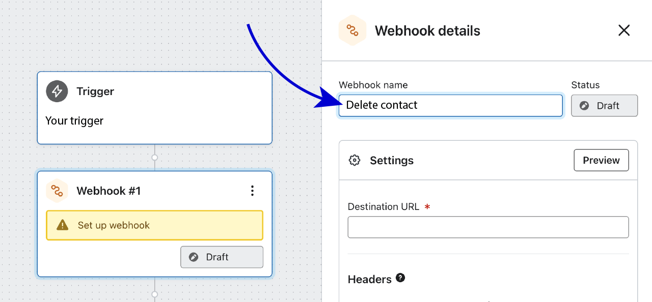 Giv webhook et navn f.eks. 'Delete contact'