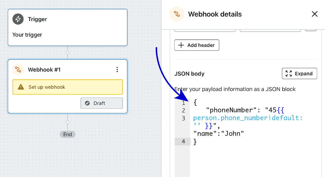 Her er vist 'JSON body' eksempel på at rette navn på brugeren.